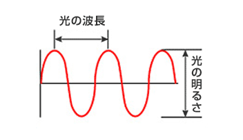 光の波を表した図。波の山と山の間の長さが波長で、波の山と谷の間の長さが光の明るさをしめす。