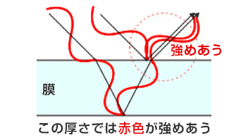 赤く見える部分の膜の厚さでは、青色の波長は重ならないが、赤色の波長同士が重なって強められている。