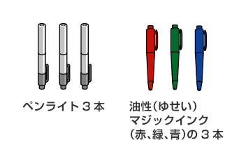 ペンライト3本。油性（ゆせい）マジックインク（赤、緑、青）の3本。