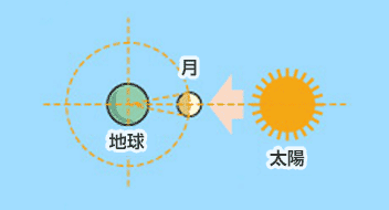 太陽、月、地球の順で一直線にならぶときが新月。