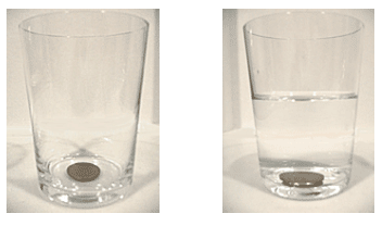 水の入ってないコップと水の入ったコップでは、中の十円玉の形が違って見える。