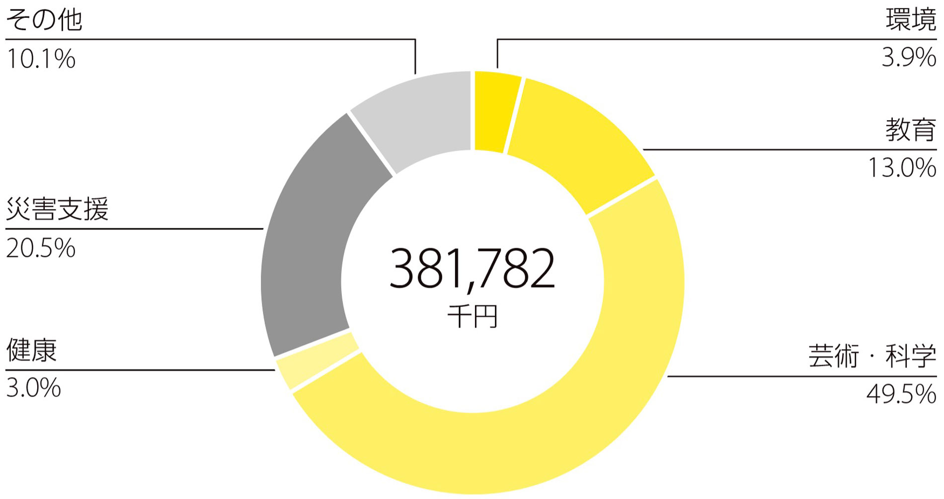 環境3.9%/教育13.0%/芸術・科学49.5%/健康3.0%/災害支援20.5%/その他10.1%/合計381,782千円